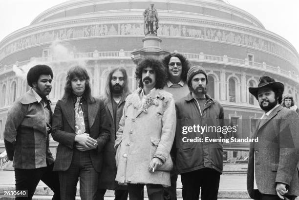 American musician Frank Zappa outside the Albert Hall with his rock band the Mothers Of Invention.