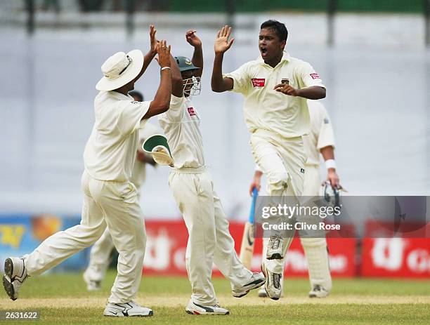 Enamul Haque Jnr of Bangladesh takeing the wicket of Chris Read during the 1st Test against Bangladesh at the Bangabandhu National Stadium on October...