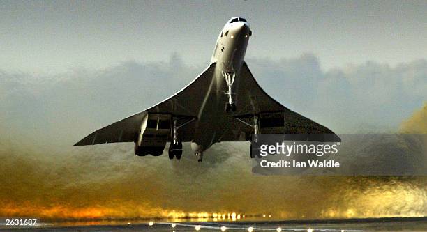 British Airways Concorde lifts off from Heathrow airport on its last ever west-bound commercial flight on October 23, in London. The world's only...