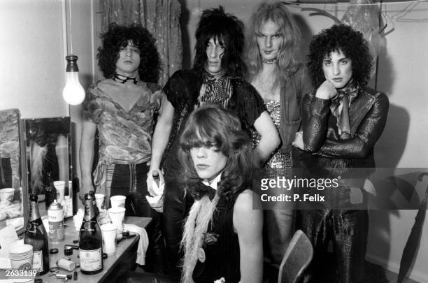 Influential American glam rock band the New York Dolls; David Johanson, front, Billy Murcia, Johnny Thunders, Arthur Kane and Sylvain Sylvain, pose...