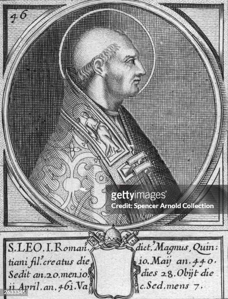 Pope Leo I, the great Pope and Saint with a halo around his head, 450 AD.