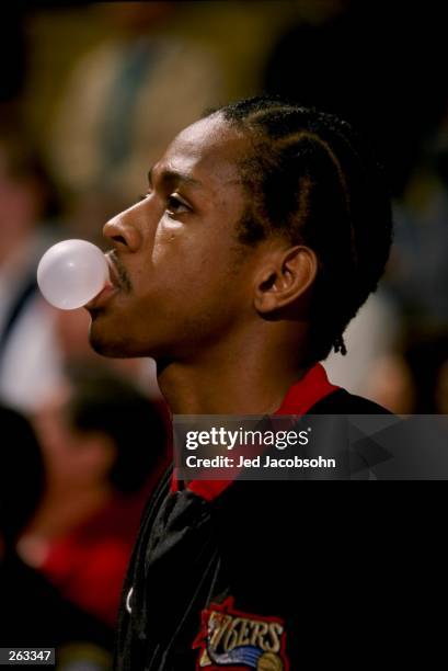 Guard Allen Iverson of the Philadelphia 76ers looks on during a game against the Los Angeles Lakers at the Great Western Forum in Inglewood,...