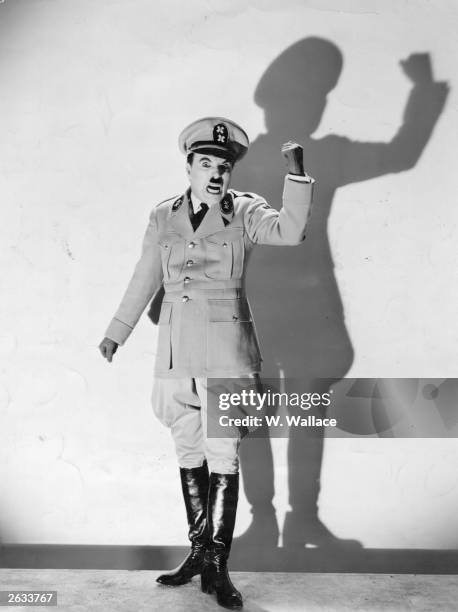 Charlie Chaplin, in character for his film 'The Great Dictator'.