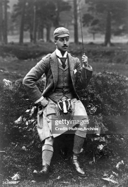 Prince William Albert Victor, Duke of Clarence, son of Edward VII, wearing a kilt and badger head sporran.