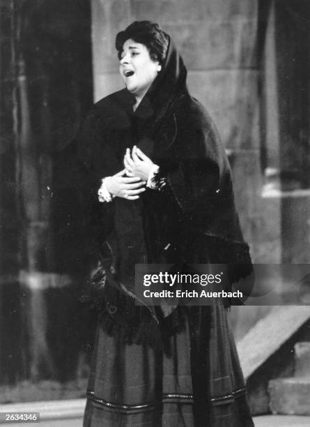 Victoria De Los Angeles, the Spanish soprano singer, pictured performing on stage in a production of 'La Boheme' by Puccini.