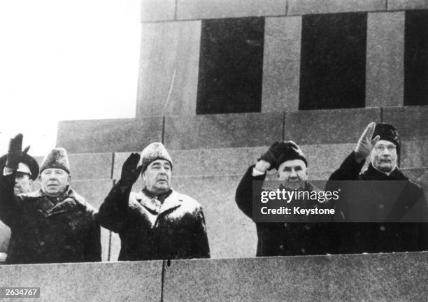 Soviet leader Leonid I. Brezhnev and fellow Politburo members, left to right, Nikolai V. Podgorny , Brezhnev, Alexei N. Kosygin , Mikhail A. Suslov...