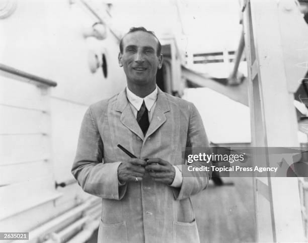 Douglas Jardine Captain of the MCC stands on the deck of the Orient Liner Orontes, bound for Australia. Original Publication: People Disc - HH0216