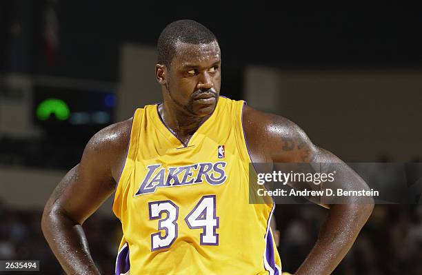 Shaquille O'Neal of the Los Angeles Lakers looks on against the Cleveland Cavaliers during the preaseason game at Centennial Gardens on October 19,...