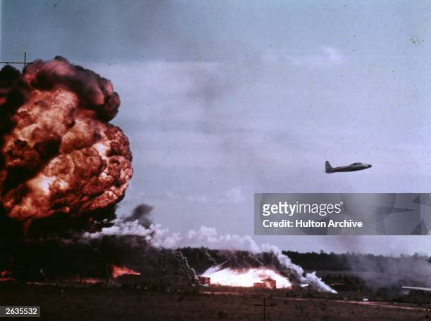 Pilot captain Bill Sharpe in a Thunderjet plane, testing the effect of the intense heat of a napalm bomb on an aircraft, at Elgin Airfield, Florida.
