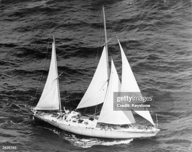 English yachtsman and aviator Francis Charles Chichester arriving at Plymouth on his yacht 'Gipsy Moth IV'.