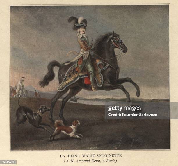 Marie Antoinette , Queen of France, riding to hounds. Original Artwork: Print from the collection of A M Armand Brun, Paris.