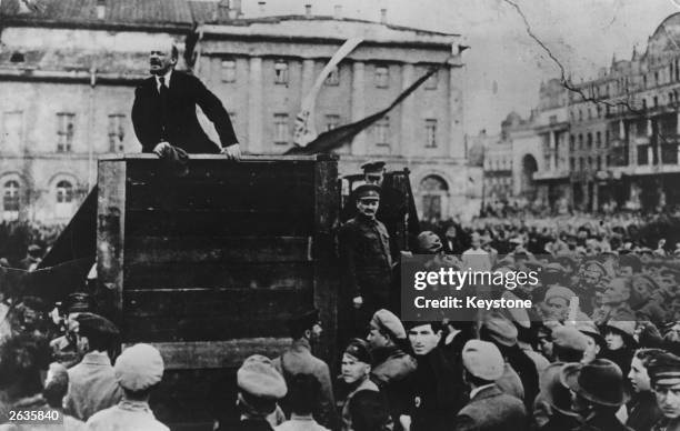 Russian communist revolutionary leader, Vladimir Lenin , giving a speech in to men of the Red Army leaving for the front, during the Polish-Soviet...