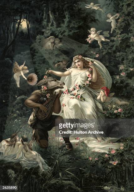 German print illustrating a scene from Shakespeare's 'A Midsummer Night's Dream' showing Bottom wearing an asses head and the magically charmed...
