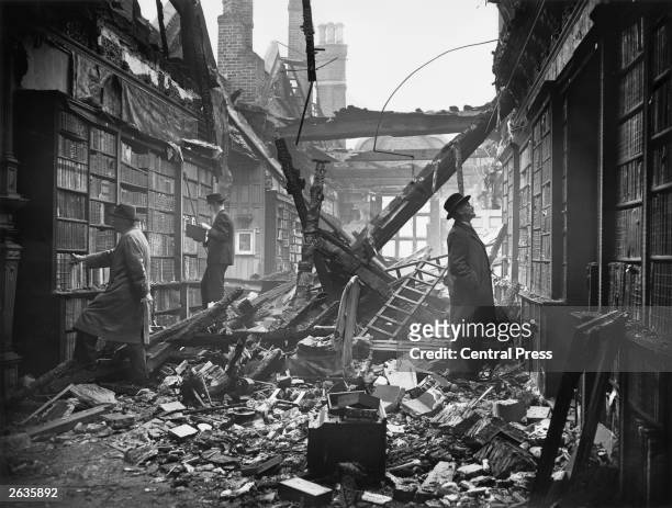 The library at Holland House in Kensington, London, extensively damaged by a Molotov 'Breadbasket' fire bomb, 23rd October 1940.