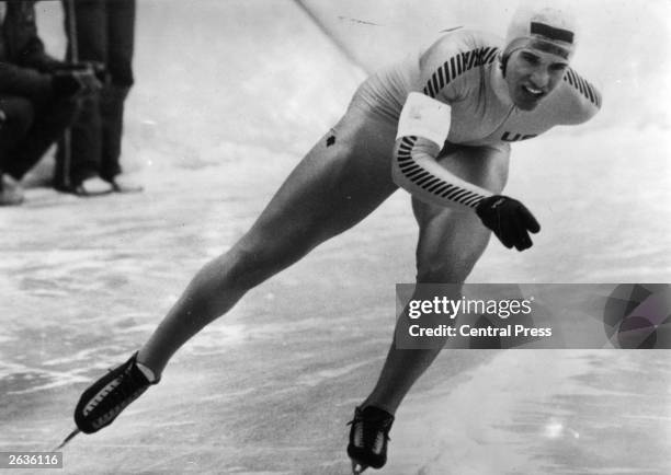 Speed skater Eric Arthur Heiden competing in the speed skating events at the Winter Olympics at Lake Placid, USA, at which he won five gold medals.