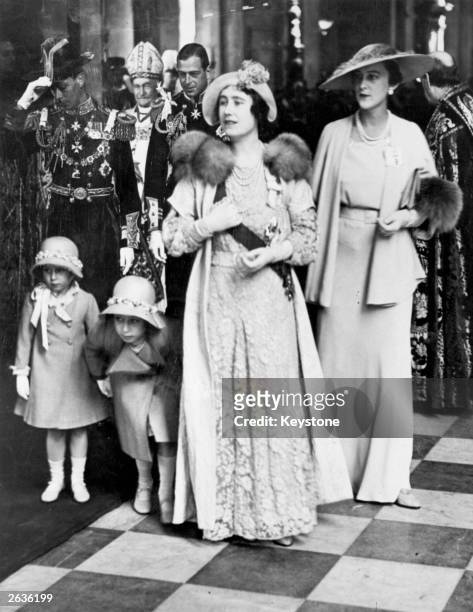 Elizabeth, Duchess of York with Princesses Elizabeth and Margaret Rose and Marina, Duchess of Kent, in St Paul's Cathedral, London, during a service...