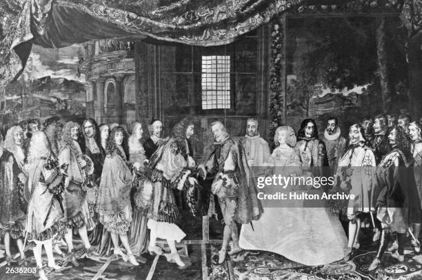 King Louis XIV of France meeting Philip IV of Spain concerning his intended marriage to Infanta Marie Therese of Spain, 6th June 1660. Gobelin...