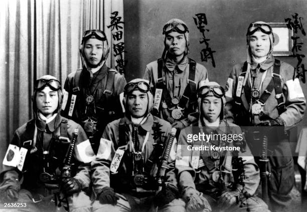'Kamikaze' pilots, who deliberately crashed their bomb laden planes onto American warships during the Second World War. Here they have already tied...