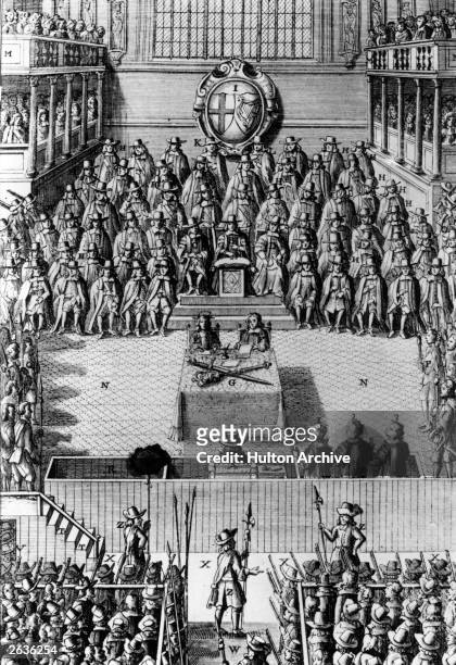 The 'trial' at Westminster of King Charles I of Great Britain, where the army, not parliament, stood at the back of his judges, circa 1649. Three...