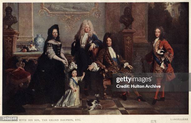 Louis XIV with his son the Grand Dauphin etc from a painting by Nicolas de Largilliere in the Wallace Collection, London, circa 1700. Louis XIV is...