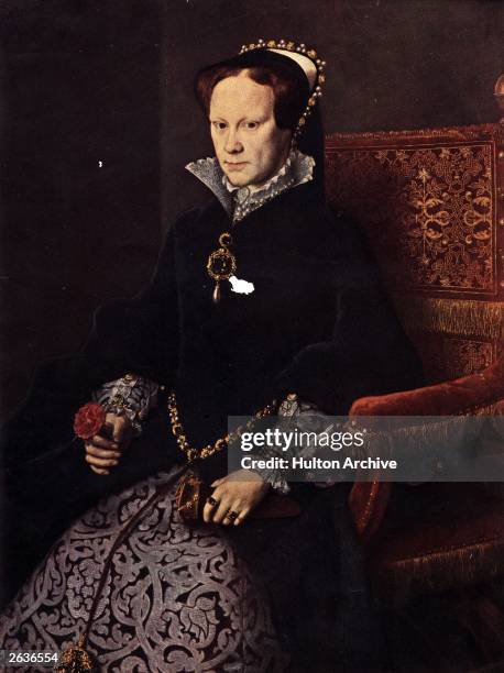 Mary I Queen of England from 1553 to 1558, circa 1553. Original Artwork: A portrait by Dutch artist Anthonio Mor, otherwise known as Sir Anthony More...