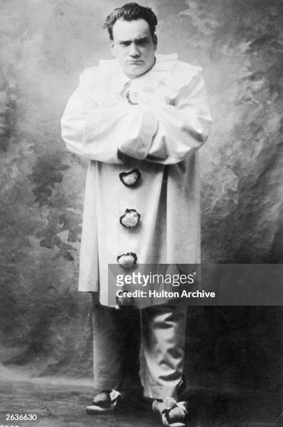 Italian tenor Enrico Caruso dressed as a Pierrot clown in 'Pagliacci'.