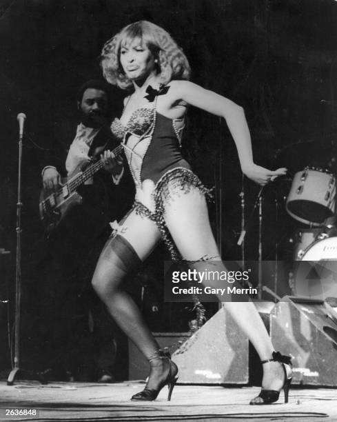 American pop singer Tina Turner performing on stage at the Hammersmith Odeon, her first solo concert in London since splitting up with her partner,...