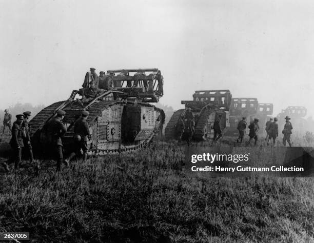 British Mark IV tanks in action at the front during World War I.