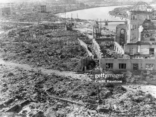 Devastation at Hiroshima, after the atomic bomb was dropped. The building on the right was preserved as the Hiroshima Peace Memorial, Atomic Bomb...