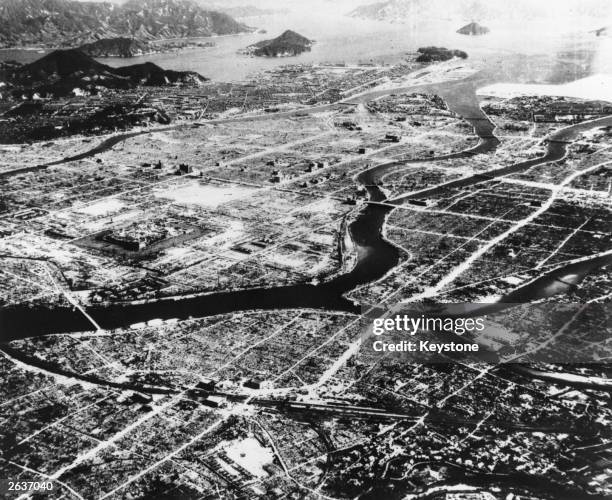 An aerial view of Hiroshima showing the devastation caused by a single atomic bomb dropped on the city on August 6th 1945.