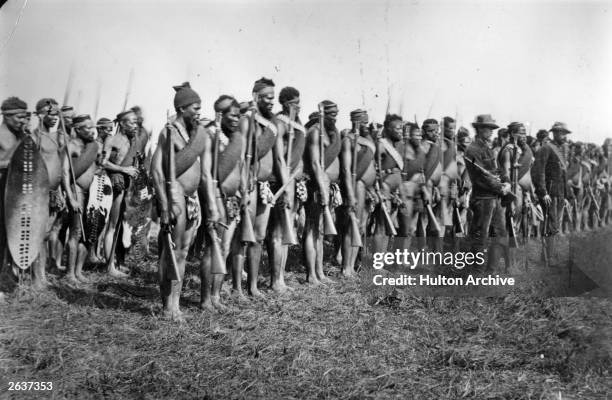 Contingent of native tribal warriors lined up behind European officers in Natal during the Zulu War.