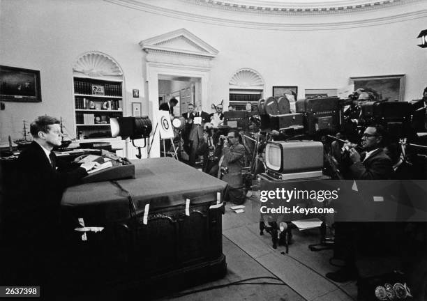 John Fitzgerald Kennedy , American president announcing on television the strategic blockade of Cuba, and his warning to the Soviet Union about...