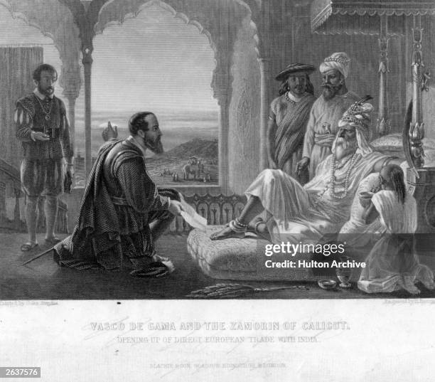 Portuguese navigator Vasco Da Gama , paying homage to an Indian ruler at his palace in Calicut.Vasco da Gama with the Zamorin of Calicut, opening up...