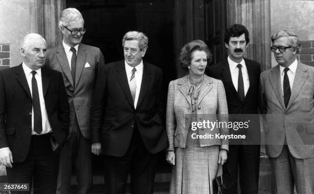 Margaret Thatcher, prime minister of Great Britain, and Garret FitzGerald, prime minister of the Republic of Ireland, centre, with, from left to...