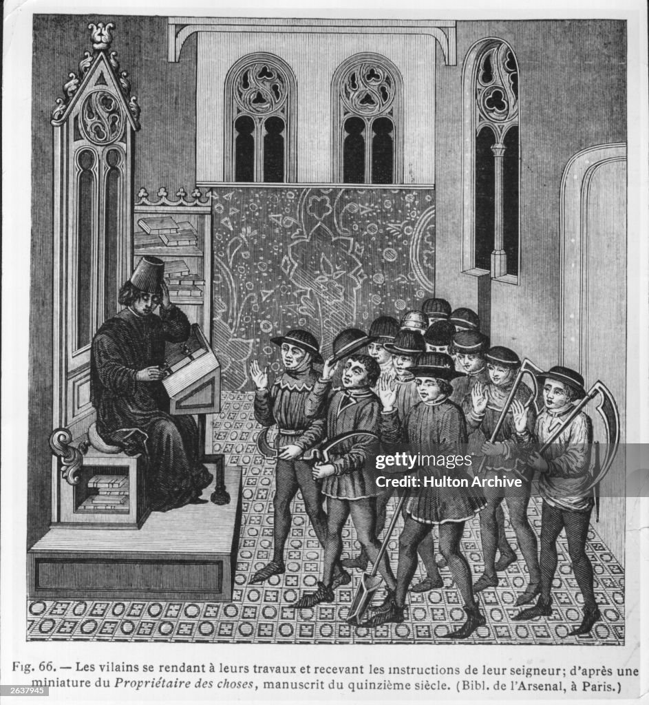 Serfs Sign Serfs receive their instructions for work from their master, circa ...