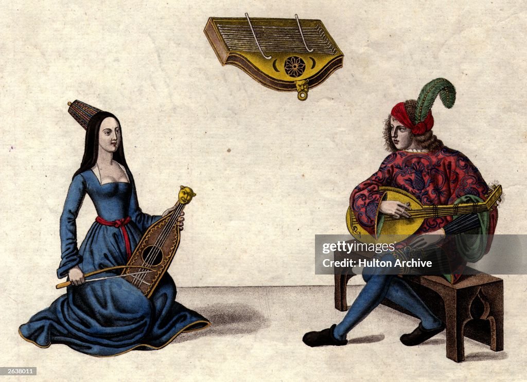 Mediaeval Stringed Instruments Medieval string instruments, including a lyre and a lute, from the ...