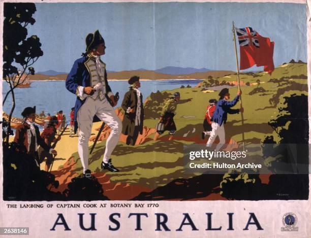 Travel poster for Australia, showing Captain Cook landing with his soldiers at Botany Bay in 1770.