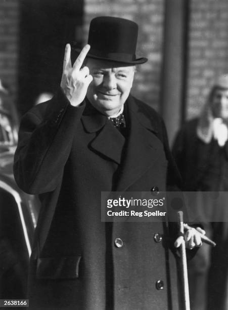 Winston Churchill giving the 'V for Victory' salute in London, after the British victory at the Second Battle of El Alamein, 10th November 1942.
