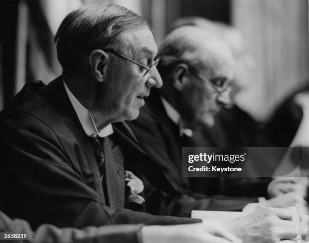 English lawyer and politician Sir Norman Birkett at the Nuremberg Trials, where he served as British alternate judge to Lord Justice Geoffrey...