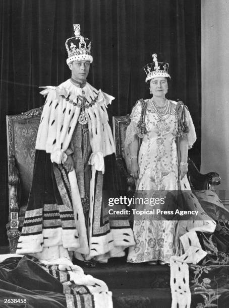 Queen Elizabeth , later the Queen Mother with King George VI at his Coronation; both are wearing ceremonial robes.
