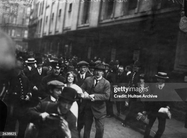 English suffragette Annie Kenney is arrested during a demonstration.