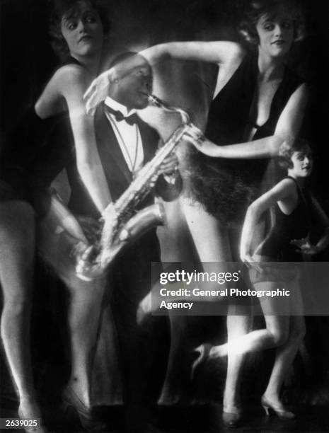 Multiple exposed photograph showing Charleston dancers and a saxophone player.
