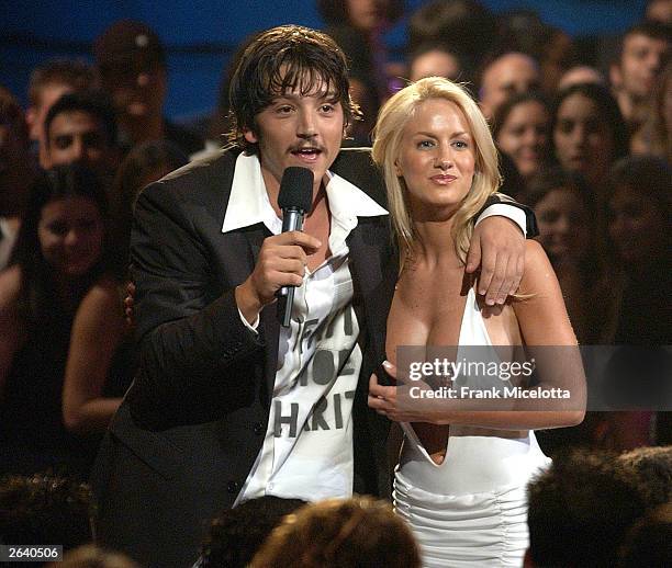 Host Diego Luna talks with Luciana Salazar during the MTV Video Music Awards Latin America 2003 at the Jackie Gleason Theater on October 23, 2003 in...