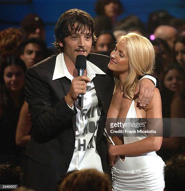 Host Diego Luna talks with Luciana Salazar during the MTV Video Music Awards Latin America 2003 at the Jackie Gleason Theater on October 23, 2003 in...