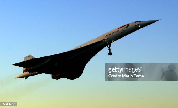 The last-ever Concorde passenger flight takes off from John F. Kennedy International Airport en route to London October 24, 2003 in New York City....