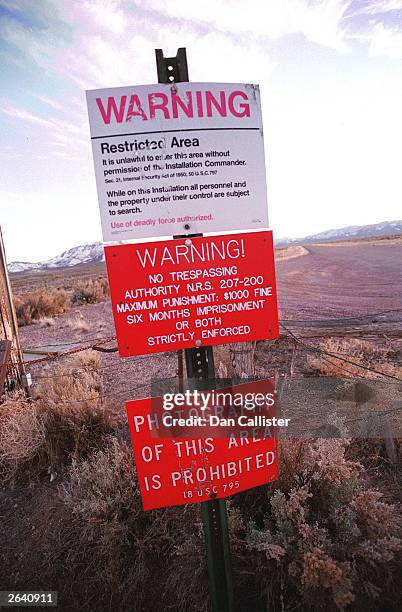 Warning sign marks the boundary of Area 51, March 12, 2000 in Rachel, Nevada. This sleepy Nevada town is located just a stone's throw from the secret...