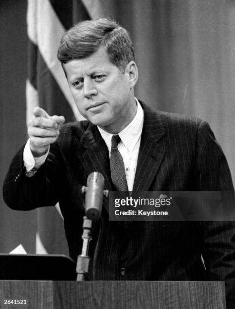 American president John F Kennedy making a point during a press conference in the new State Department Auditorium in Washington. Original...