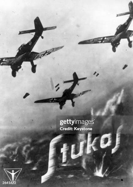 German Stukas dropping bombs over Crete during the German invasion of the island.