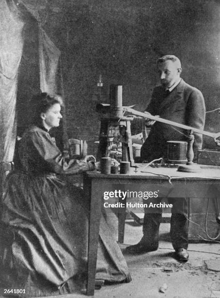 Marie Curie Polish -born French physicist in her laboratory with husband Pierre , eminent French chemist.