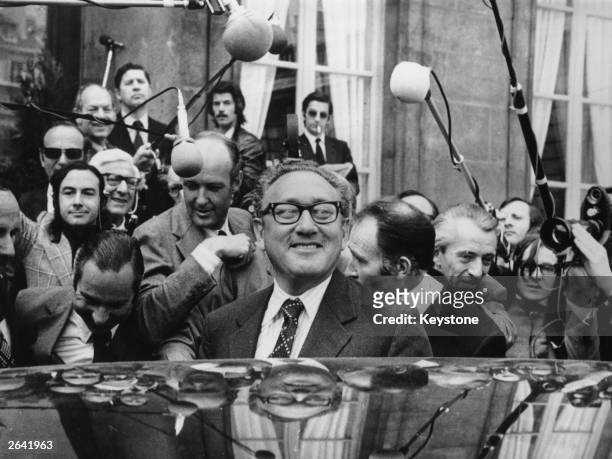 Henry Kissinger, the American Special Envoy, leaves the Elysee Palace, Paris, France, after a meeting with President Pompidou to discuss the Soviet...
